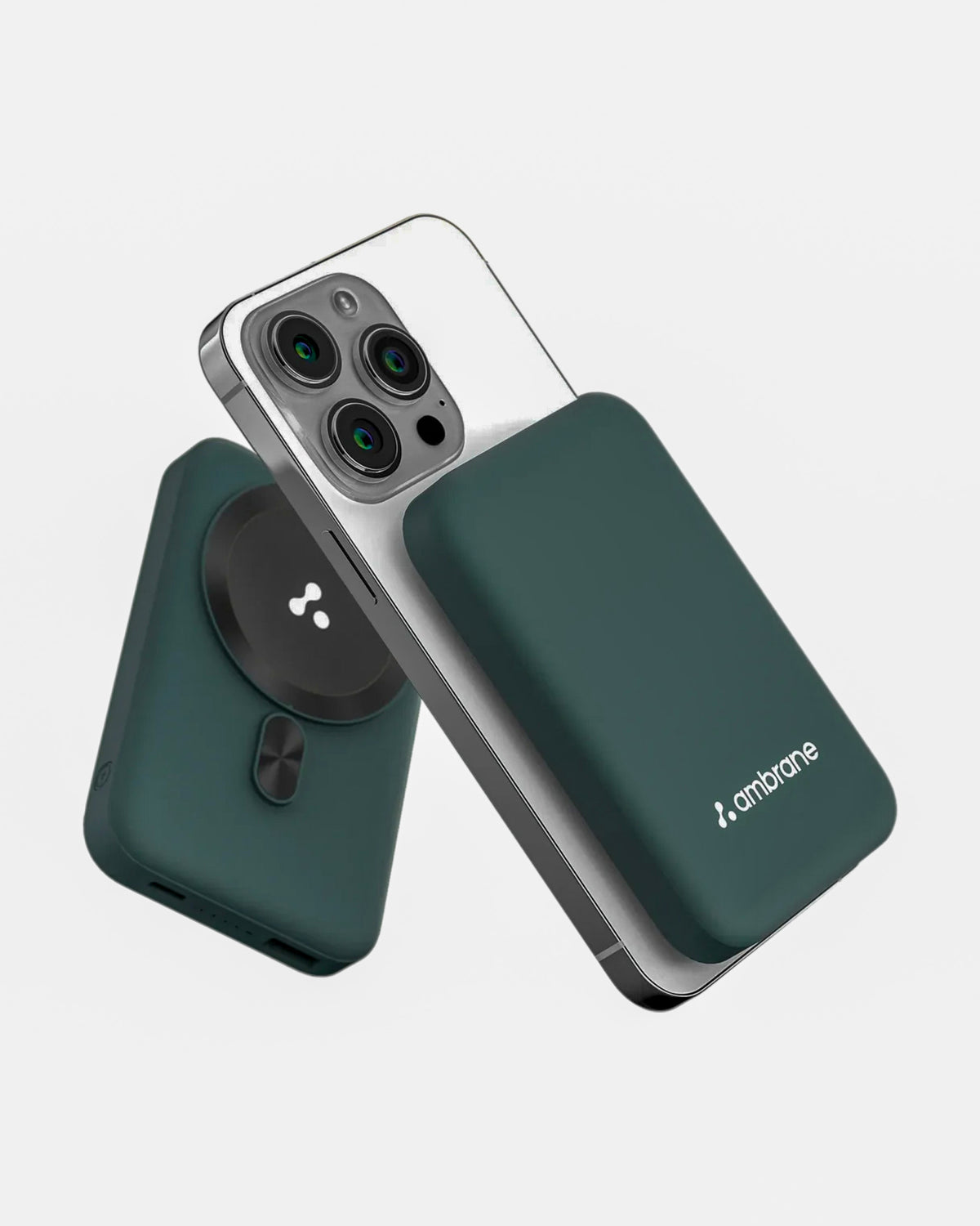 Ambrane Aerosync PB 12 MagSafe-compatible wireless power bank in brown, snapping onto an iPhone – TOKFO