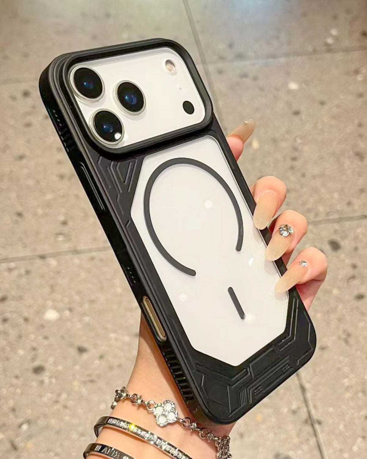 Armour Clear MagSafe iPhone case in black β clear back, thick geometric armour bumper and large raised camera island β TOKFO
