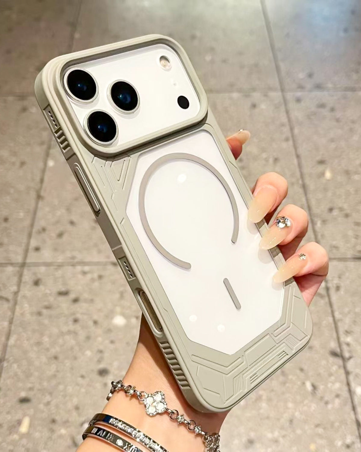 Armour Clear MagSafe iPhone case in grey β clear back, thick geometric armour bumper and large raised camera island β TOKFO