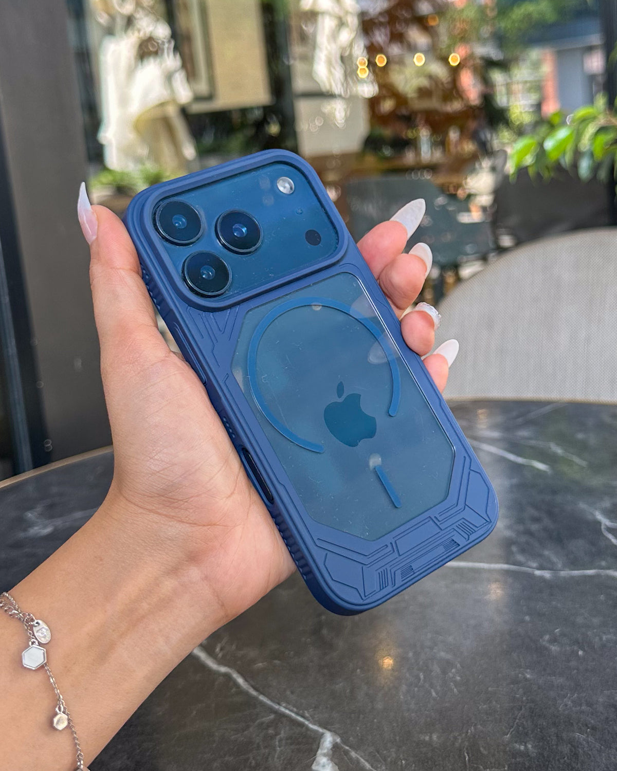 Armour Clear MagSafe iPhone case in navy blue β clear back, thick geometric armour bumper and large raised camera island β TOKFO
