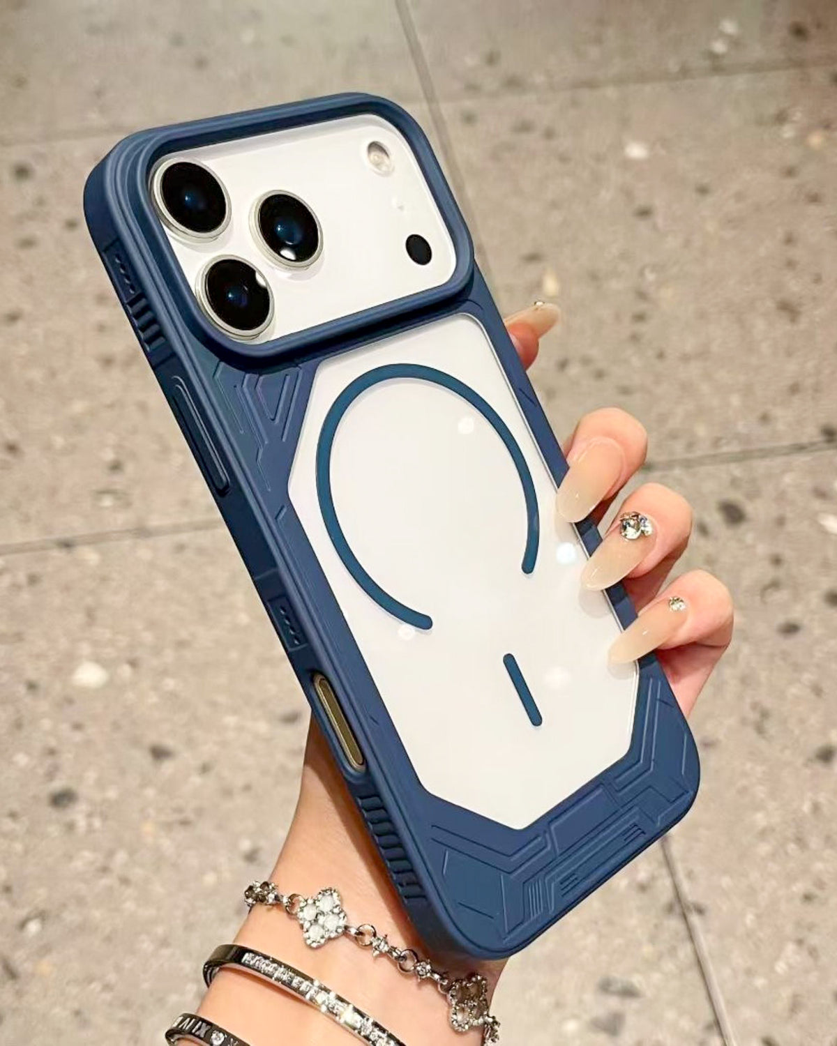 Armour Clear MagSafe iPhone case in navy blue β clear back, thick geometric armour bumper and large raised camera island β TOKFO