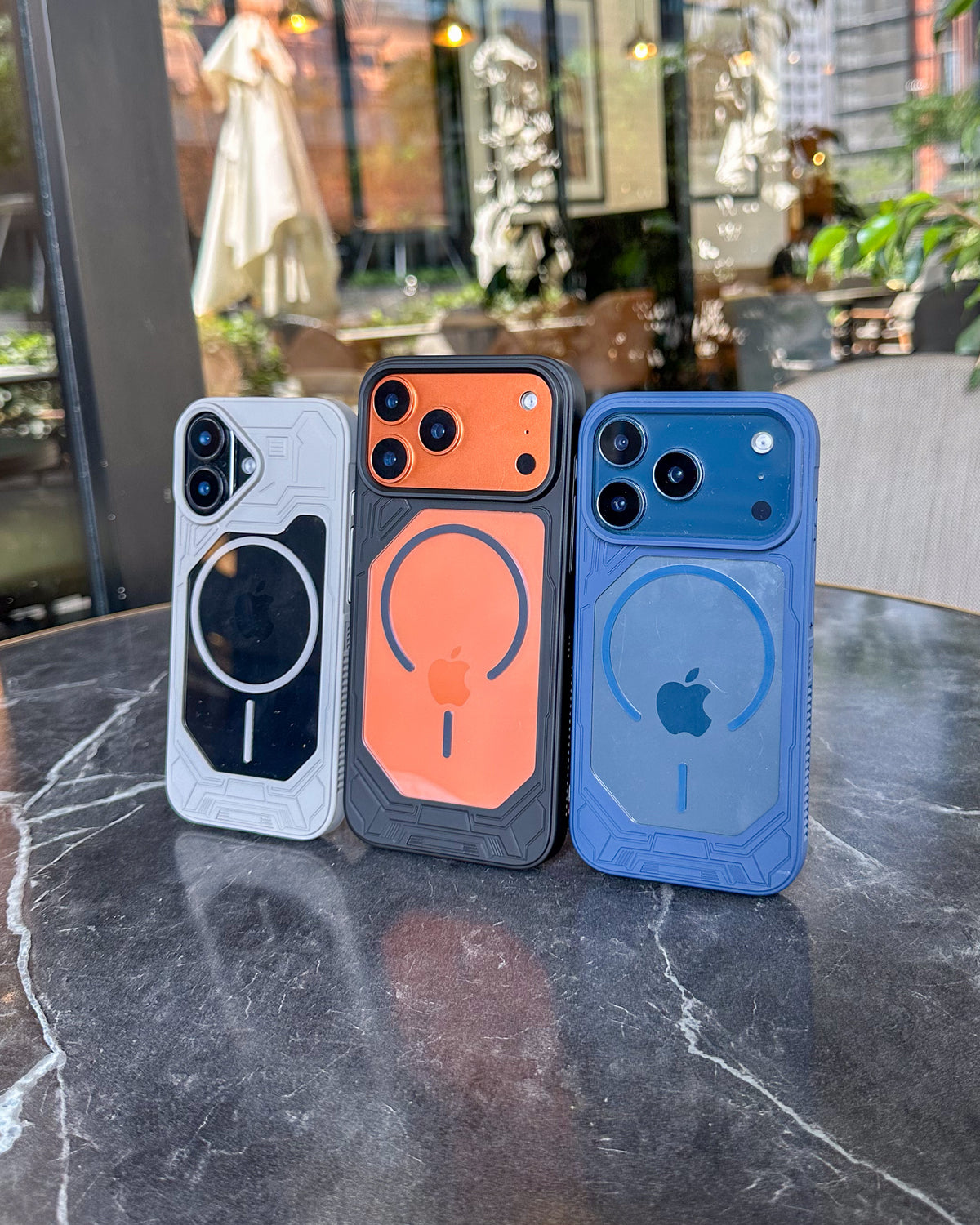 Armour Clear MagSafe iPhone case in navy blue, grey and black β clear back, thick geometric armour bumper and large raised camera island β TOKFO