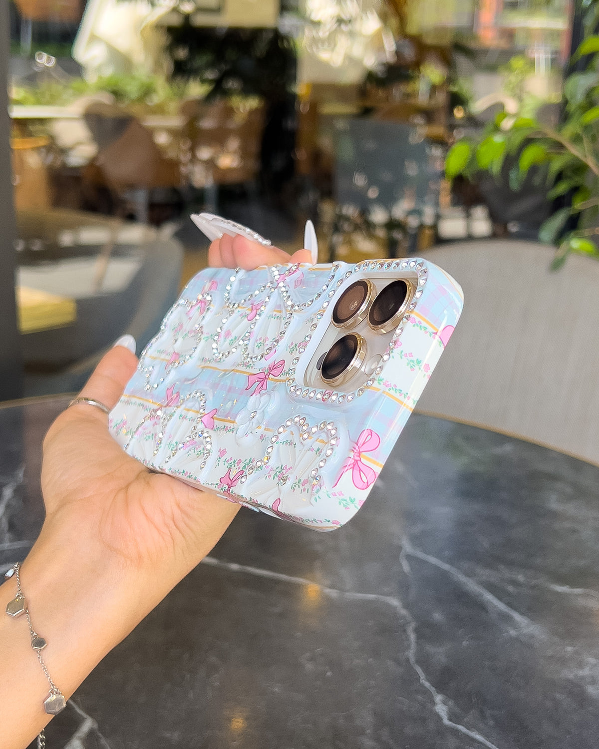 Blue Blossom blue and white plaid iPhone case with rhinestone flowers and pink bows โ TOKFO