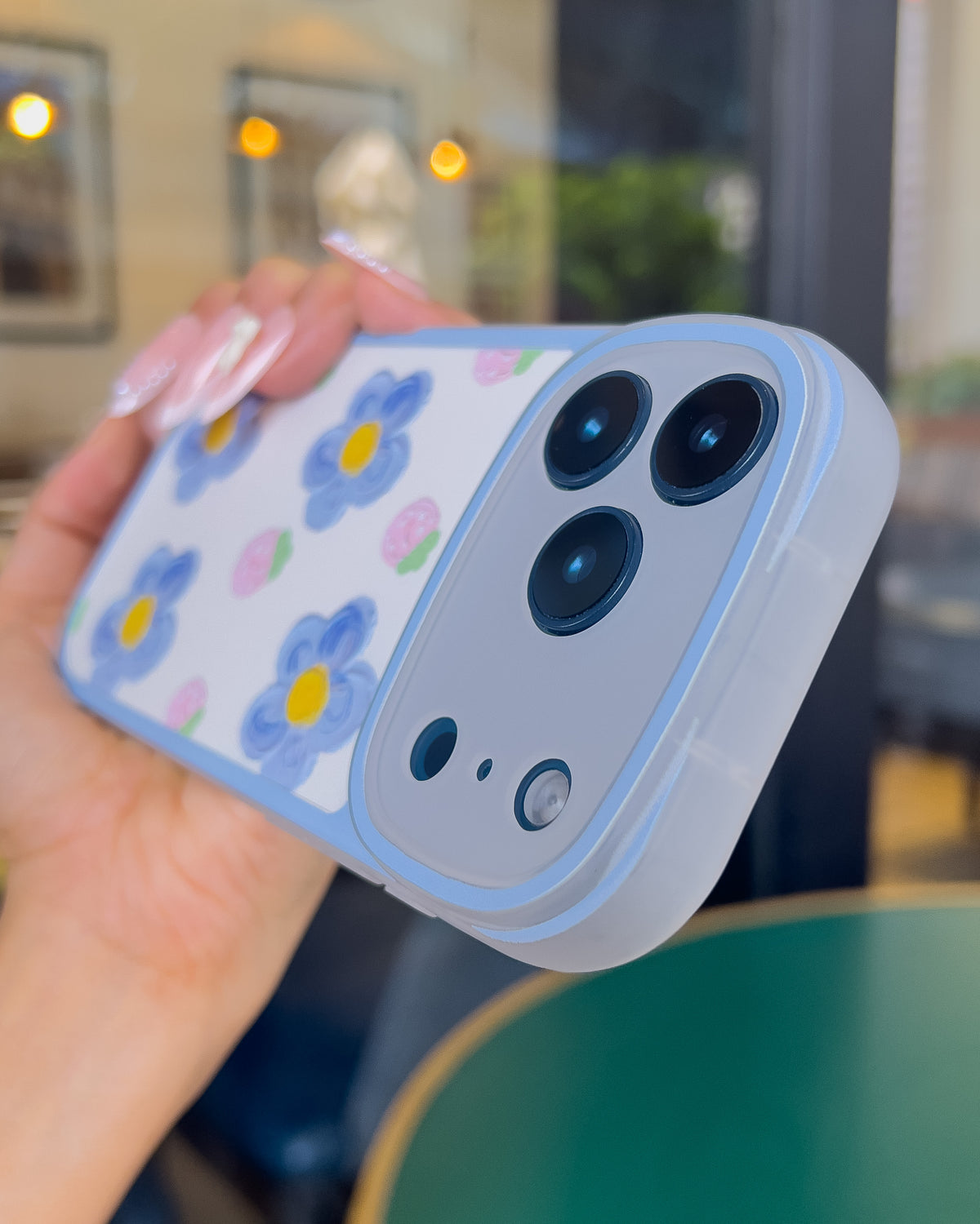 Blue Floral soft TPU iPhone phone case with blue painted flower print and raised blue camera ring โ TOKFO