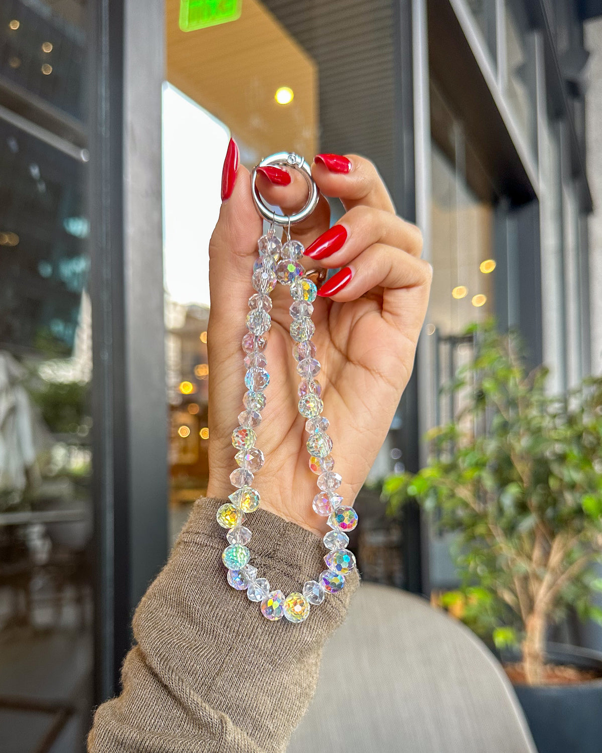 Crystal phone charm strap with clear iridescent faceted crystal beads and silver ring clasp – TOKFO