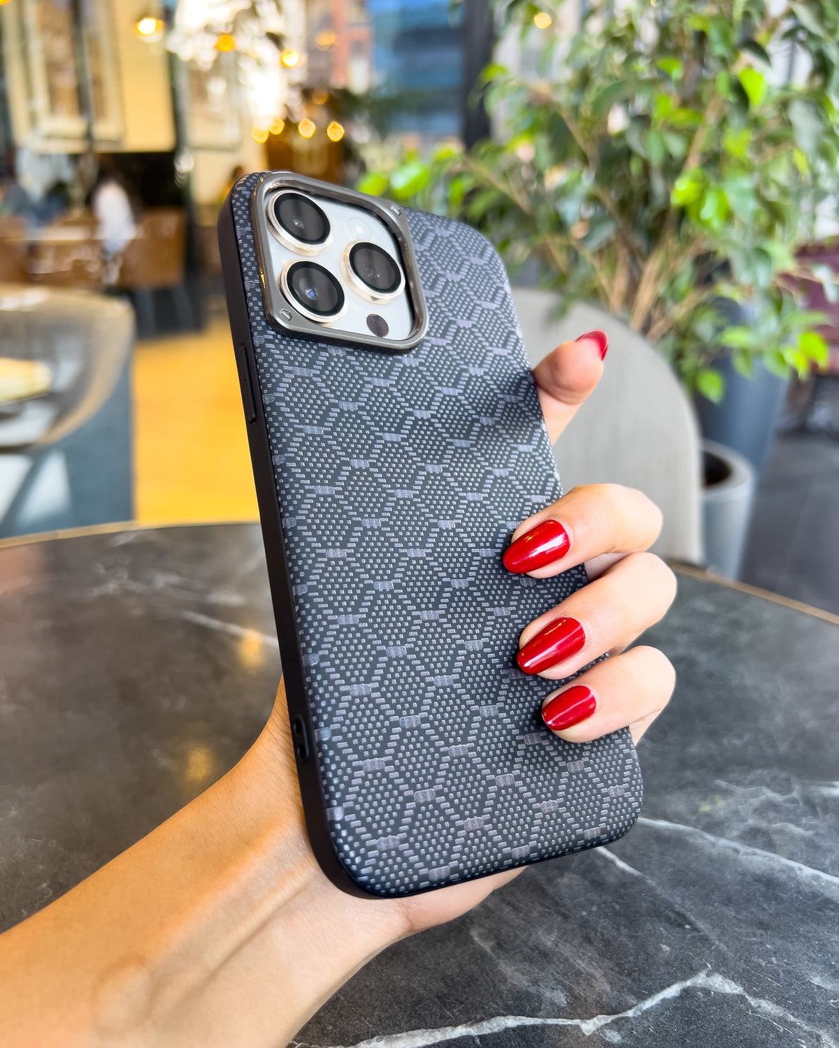 Diamond Grid dark brown iPhone case with embossed diamond grid and silver chrome camera island โ TOKFO