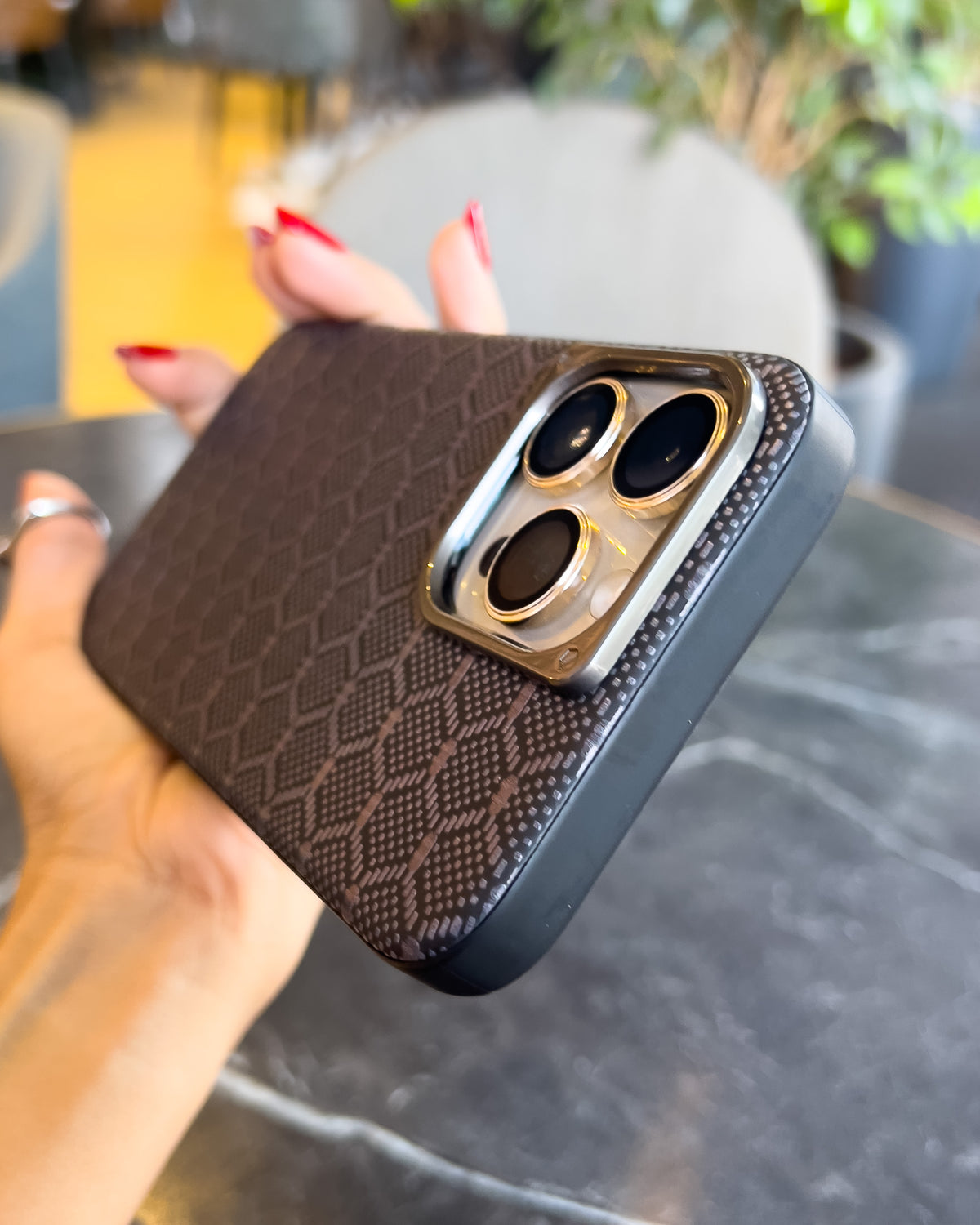 Diamond Grid dark brown iPhone case with embossed diamond grid and silver chrome camera island โ TOKFO