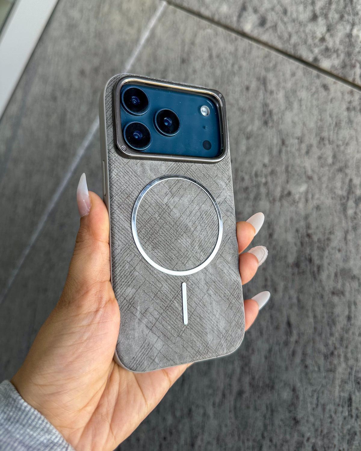 Luxe Fabric grey fabric-textured MagSafe iPhone case with chrome trim – TOKFO