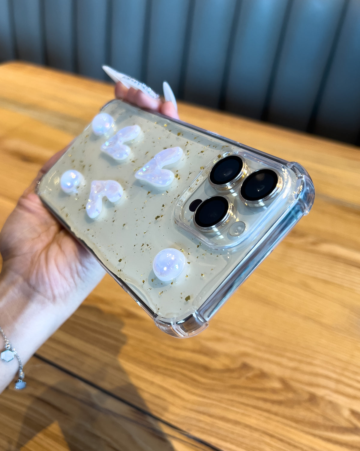 Pearl Heart clear iPhone case with gold foil glitter, iridescent hearts and pearls โ TOKFO