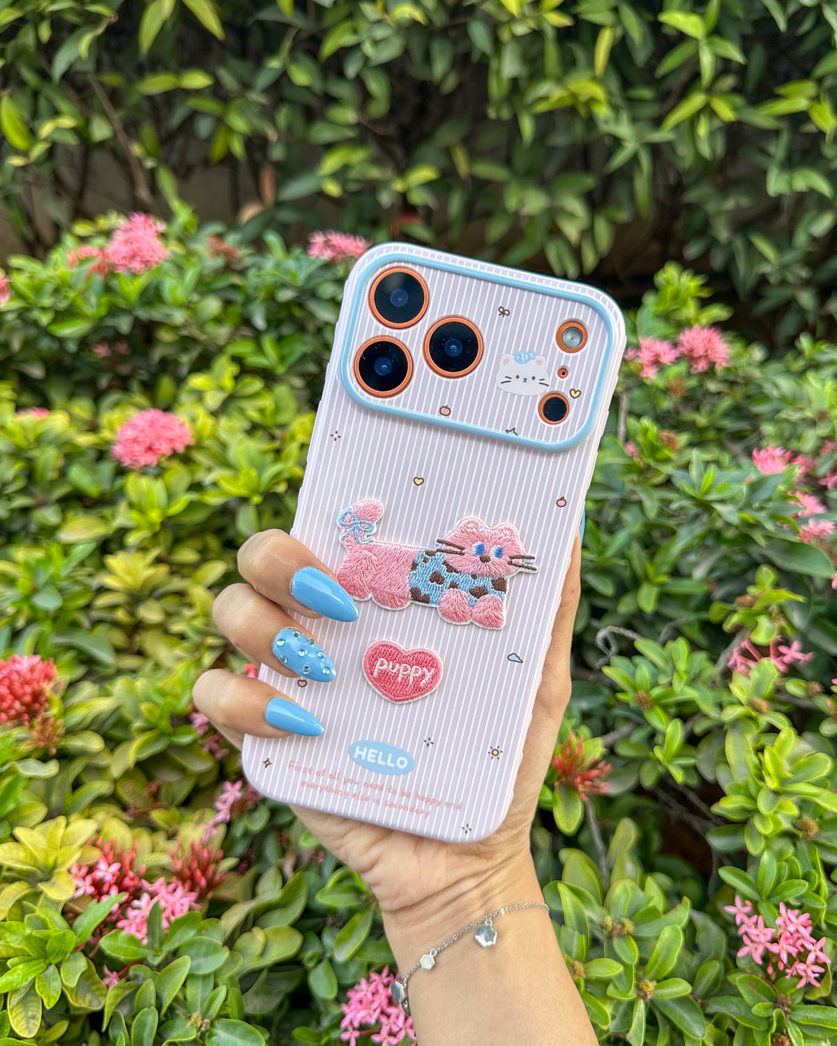 Puppy Love pinstripe iPhone phone case with embroidered plush bow patch and Puppy heart badge β TOKFO