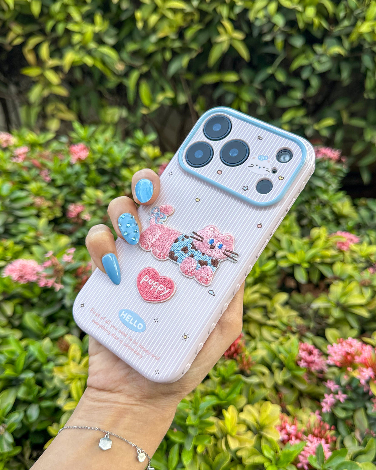 Puppy Love pinstripe iPhone phone case with embroidered plush bow patch and Puppy heart badge β TOKFO