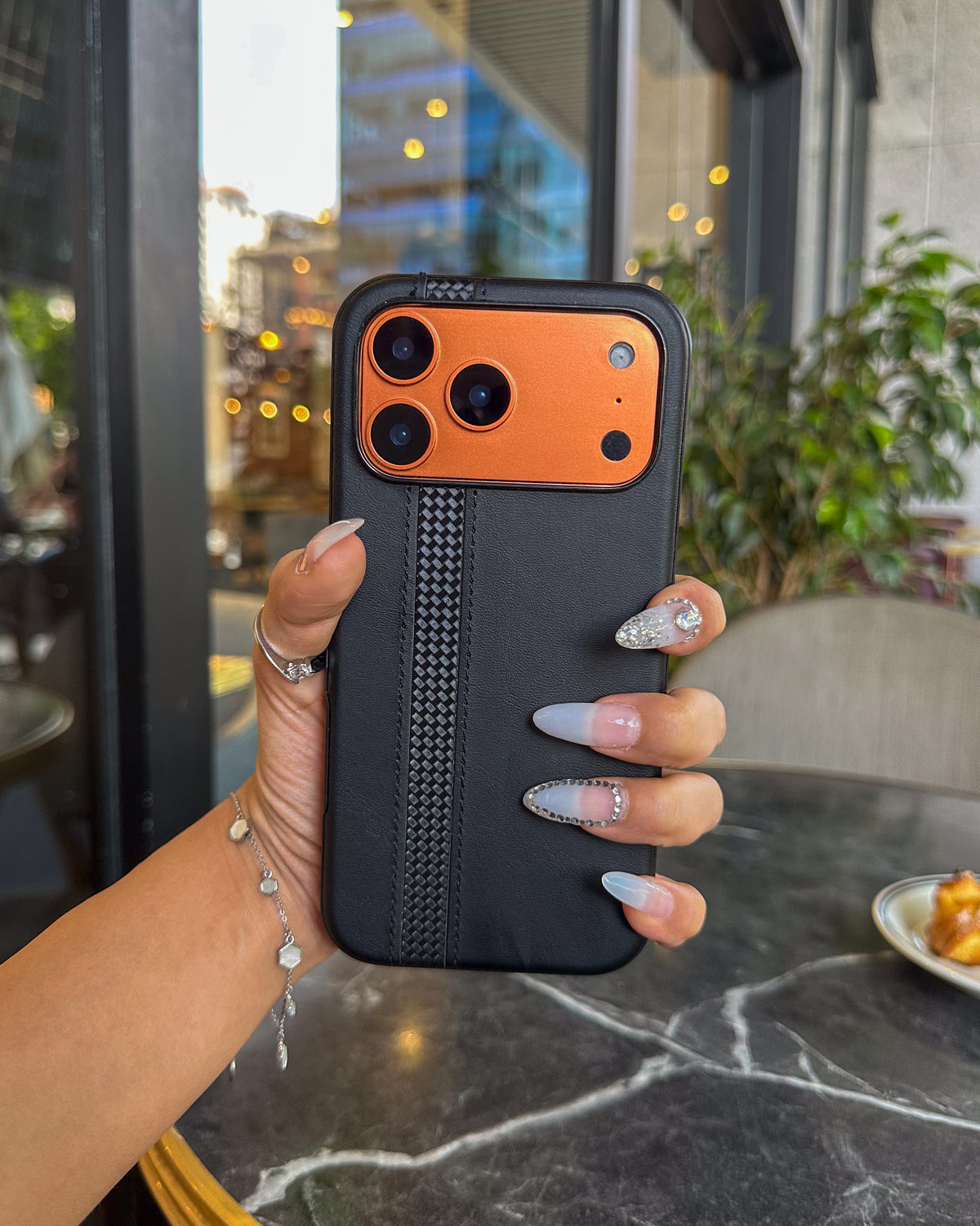 Racer Leather black leatherette iPhone case with vertical woven stripe and open camera cutout – TOKFO