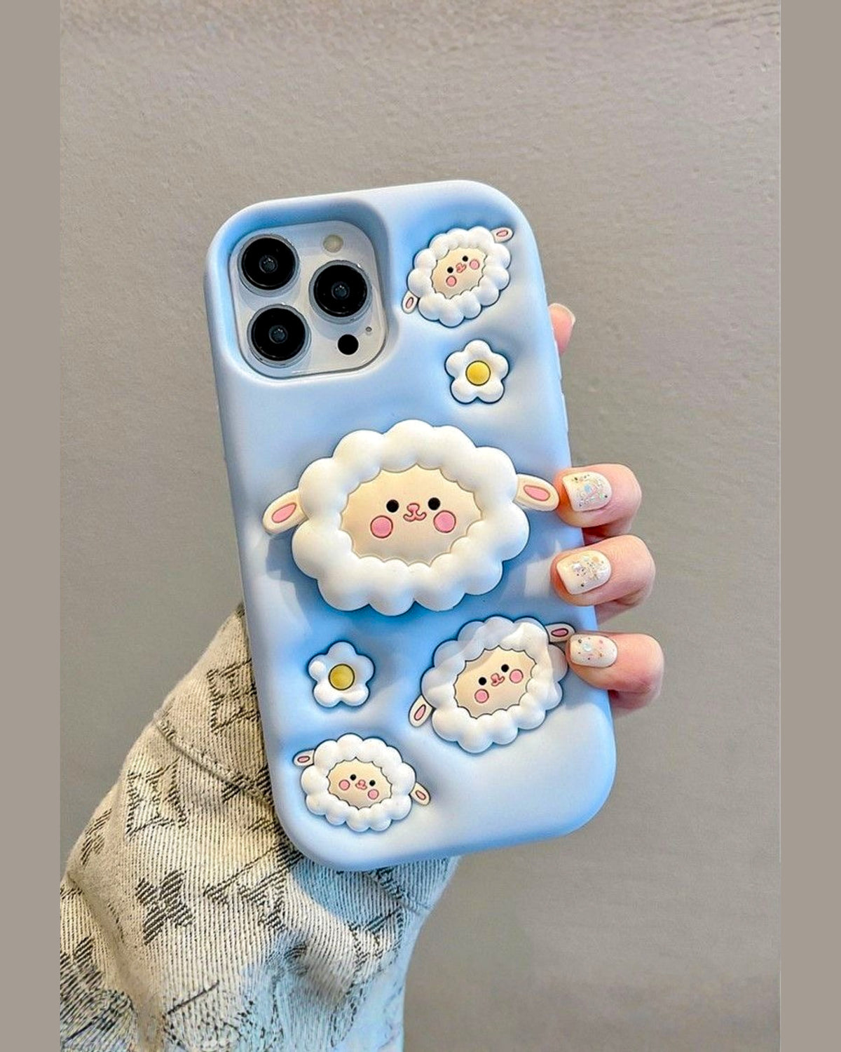 Sheep Baby baby blue silicone iPhone phone case with 3D fluffy sheep, daisy details and pop-out sheep stand – TOKFO