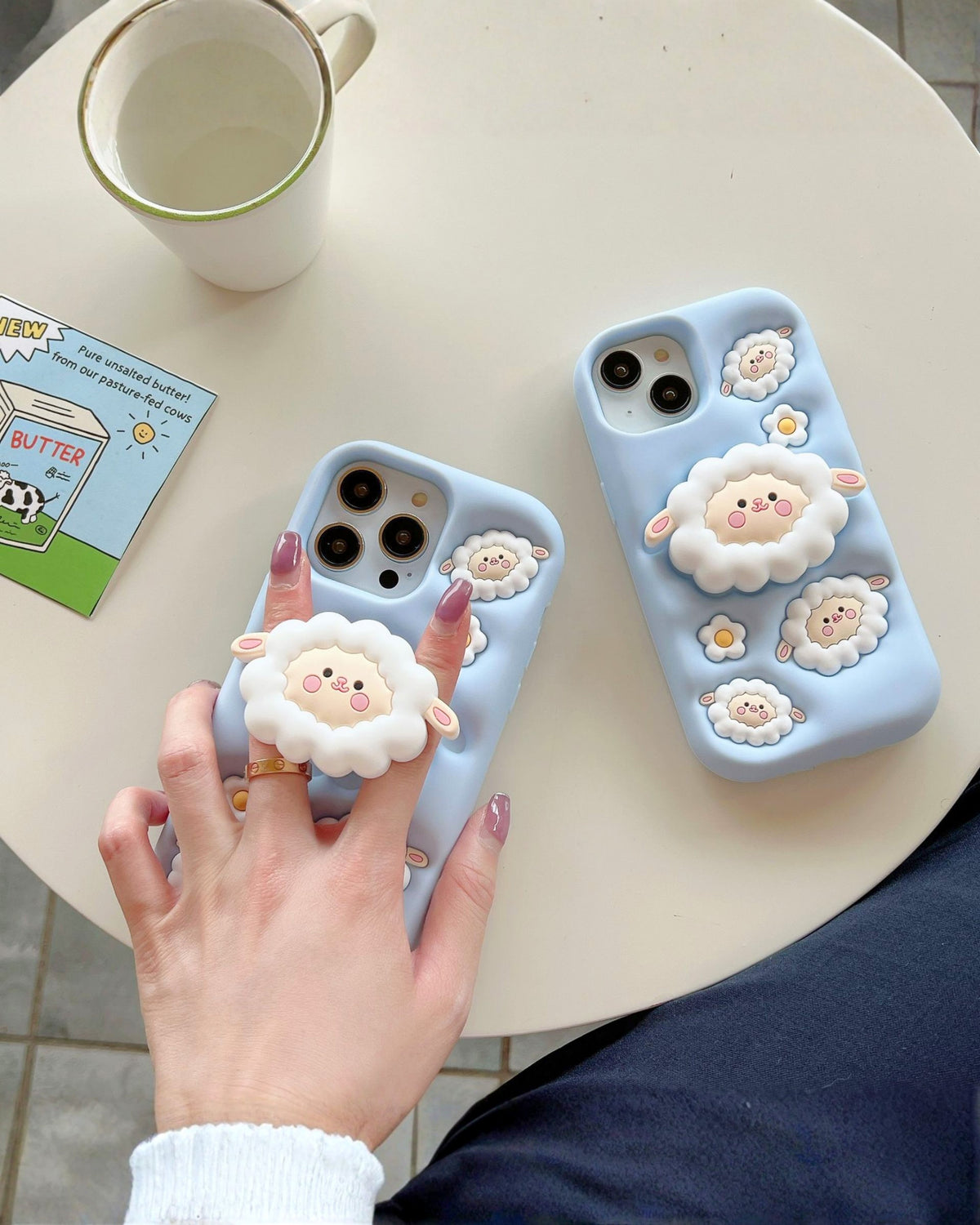Sheep Baby baby blue silicone iPhone phone case with 3D fluffy sheep, daisy details and pop-out sheep stand β TOKFO
