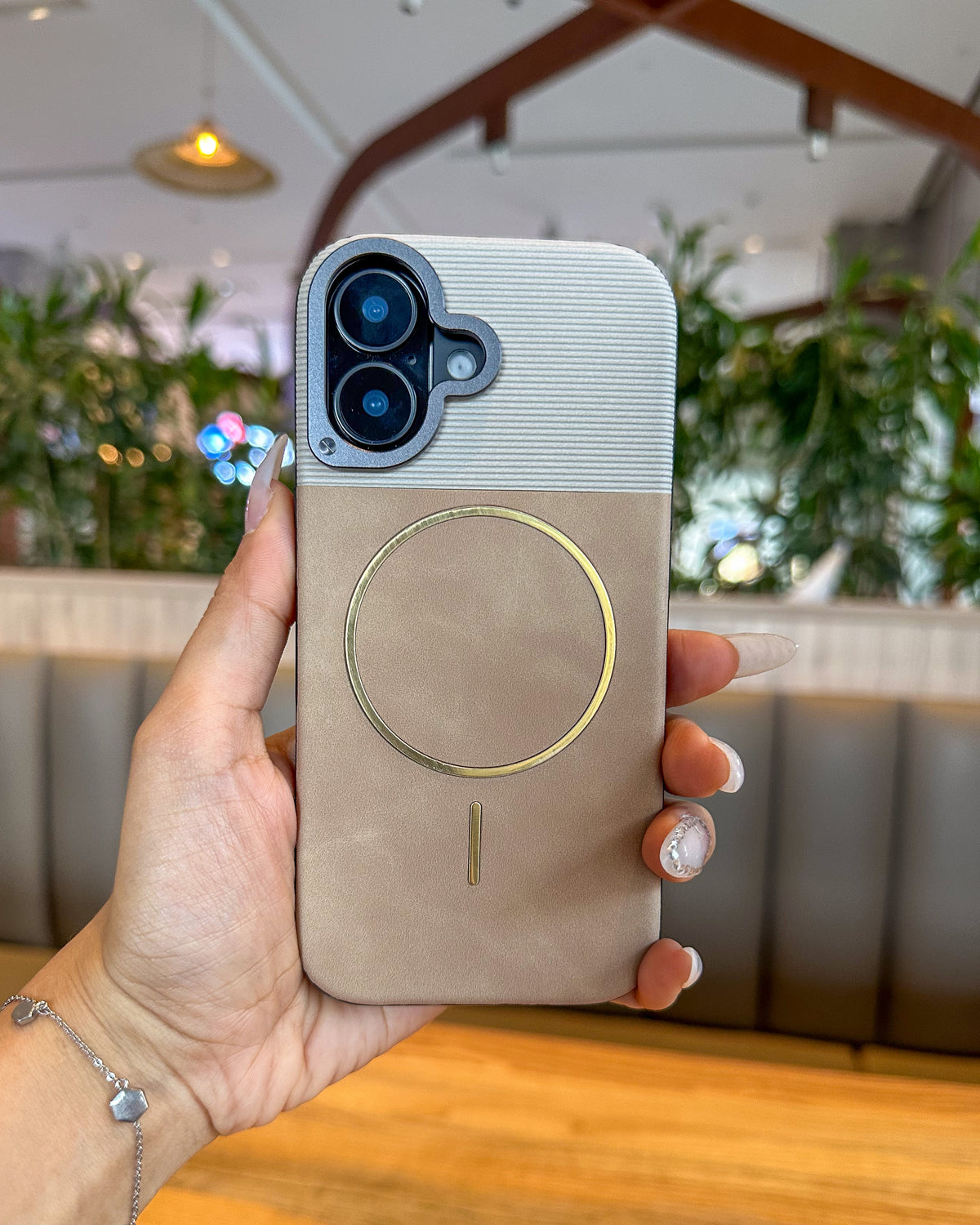 Two Tone MagSafe iPhone case in beige β ribbed top, leatherette bottom and gold MagSafe ring β TOKFO