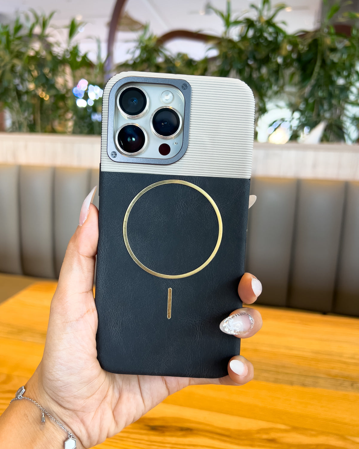 Two Tone MagSafe iPhone case in black β ribbed top, leatherette bottom and gold MagSafe ring β TOKFO