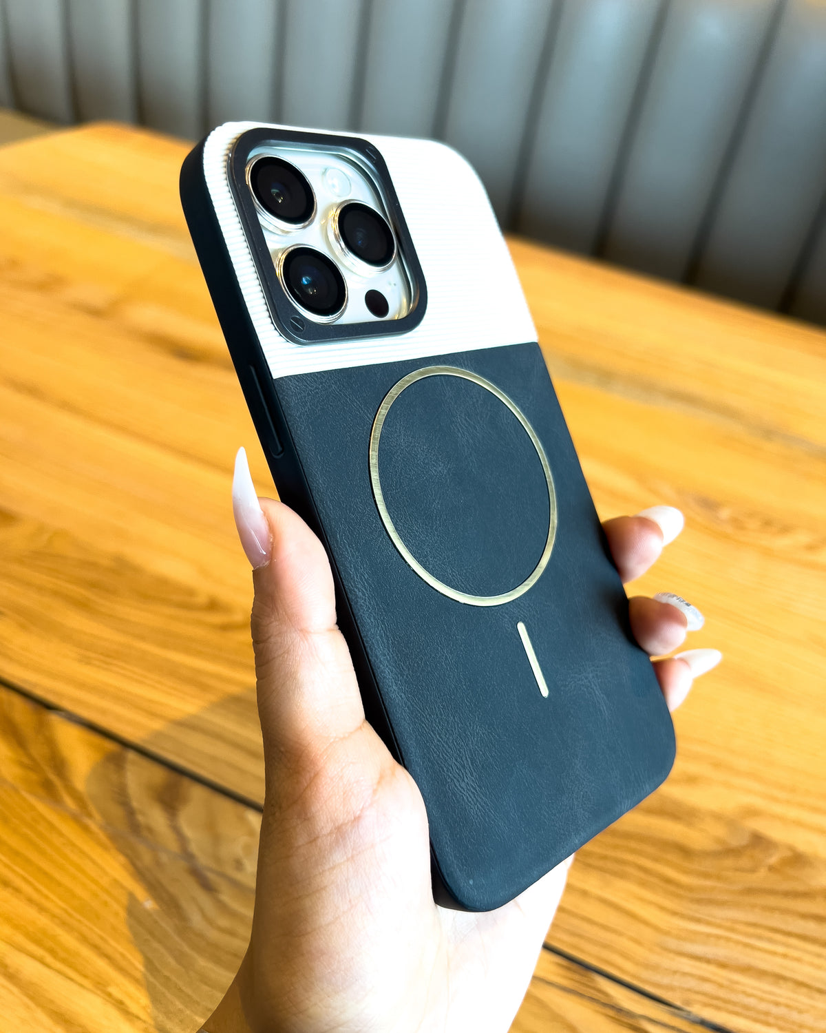 Two Tone MagSafe iPhone case in black β ribbed top, leatherette bottom and gold MagSafe ring β TOKFO