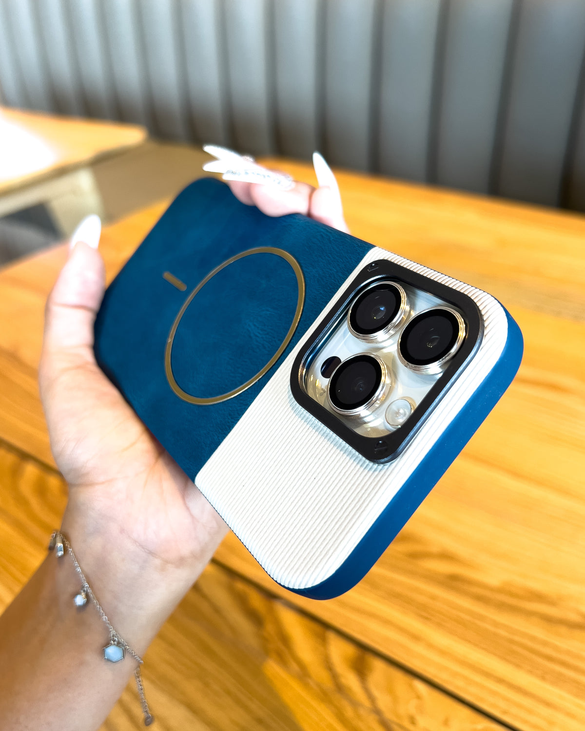 Two Tone MagSafe iPhone case in blue β ribbed top, leatherette bottom and gold MagSafe ring β TOKFO