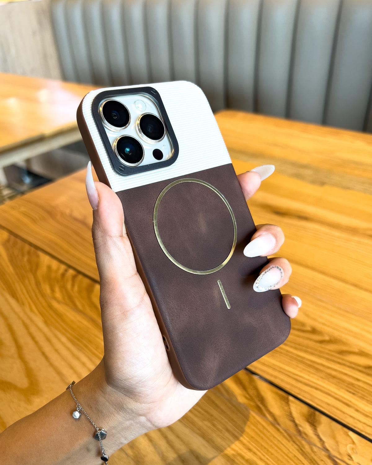 Two Tone MagSafe iPhone case in brown β ribbed top, leatherette bottom and gold MagSafe ring β TOKFO
