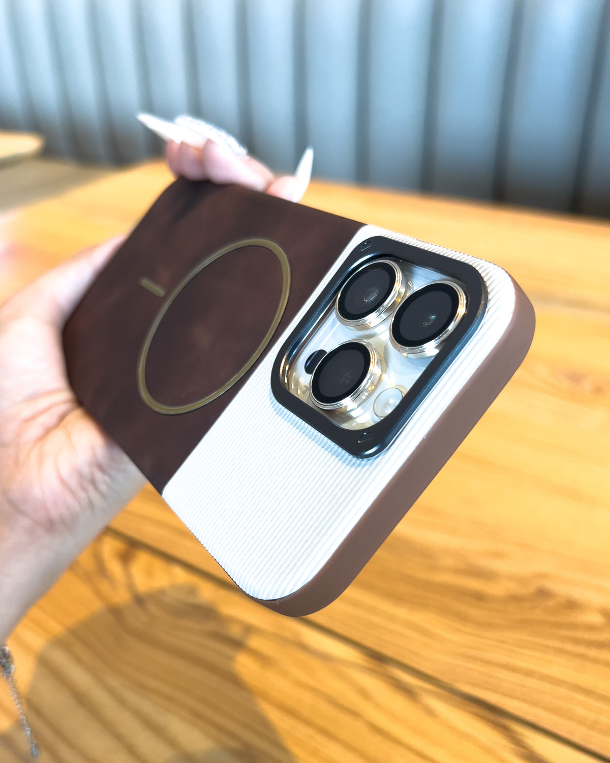 Two Tone MagSafe iPhone case in brown β ribbed top, leatherette bottom and gold MagSafe ring β TOKFO