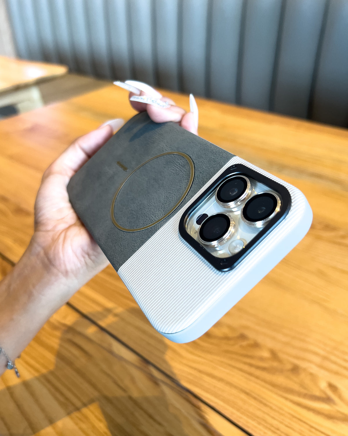 Two Tone MagSafe iPhone case in olive green β ribbed top, leatherette bottom and gold MagSafe ring β TOKFO