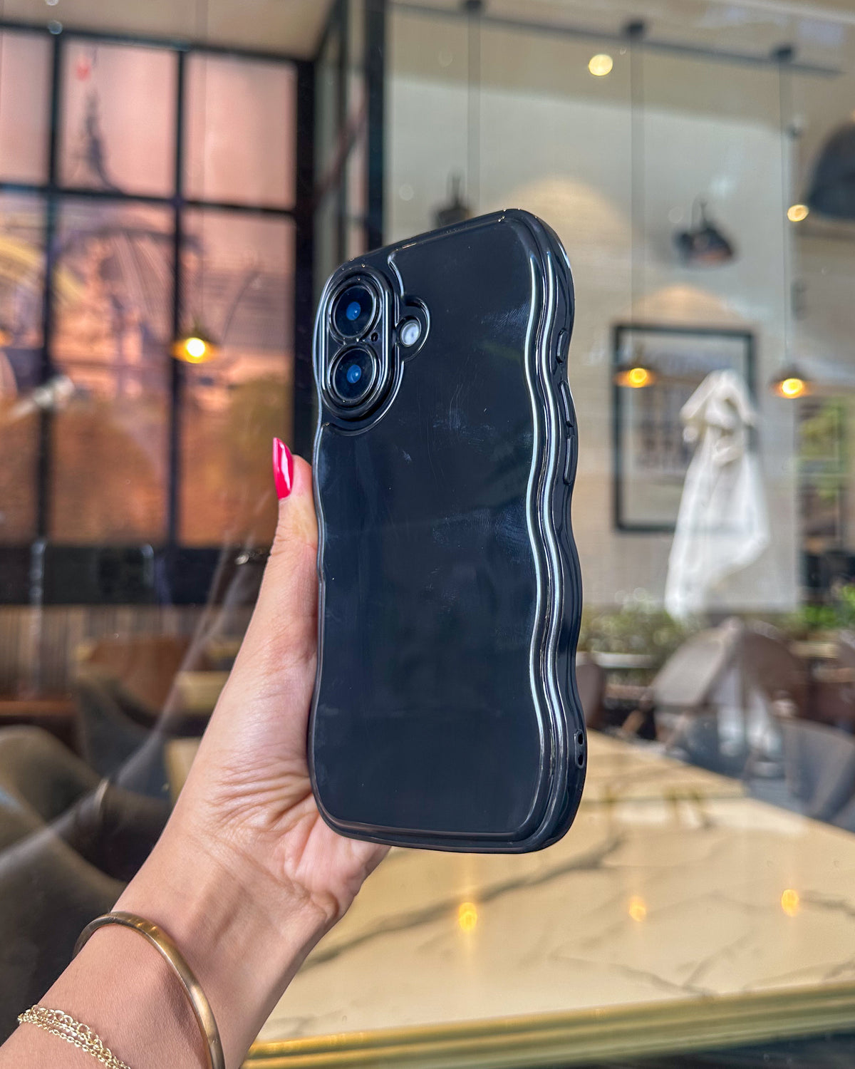Wavy Glossy high-gloss iPhone phone case in black with wavy curved edges and raised camera cutout β TOKFO
