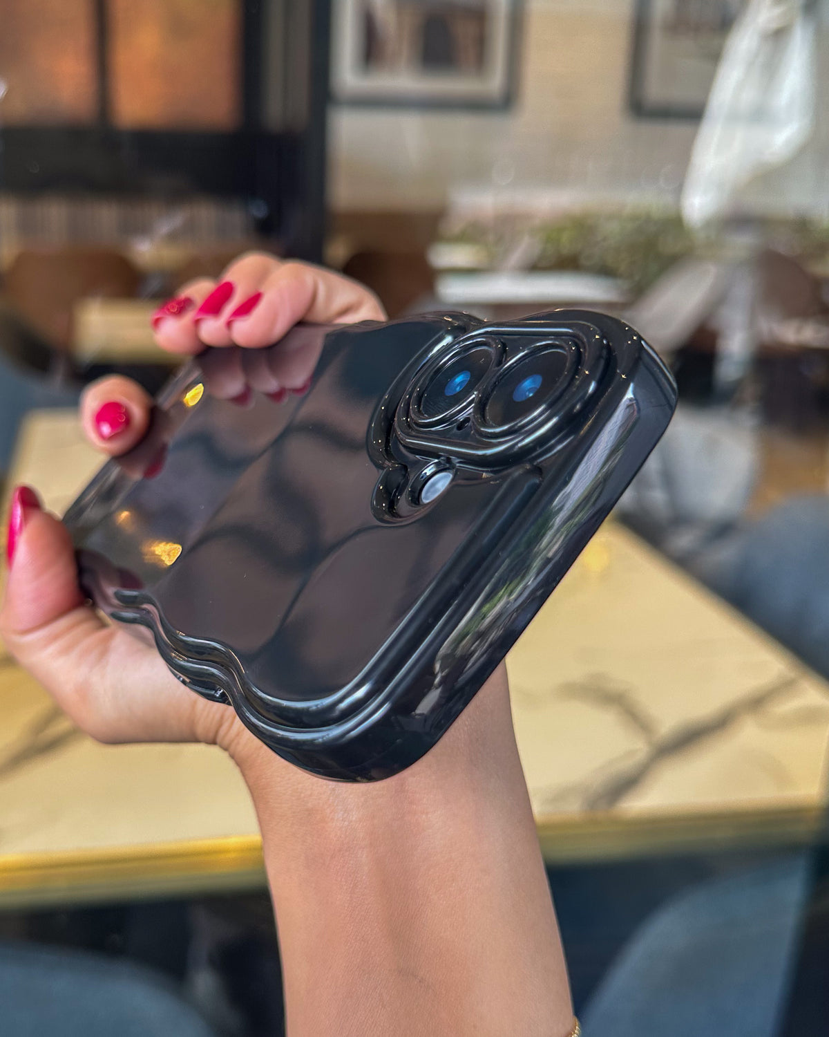 Wavy Glossy high-gloss iPhone phone case in black with wavy curved edges and raised camera cutout β TOKFO