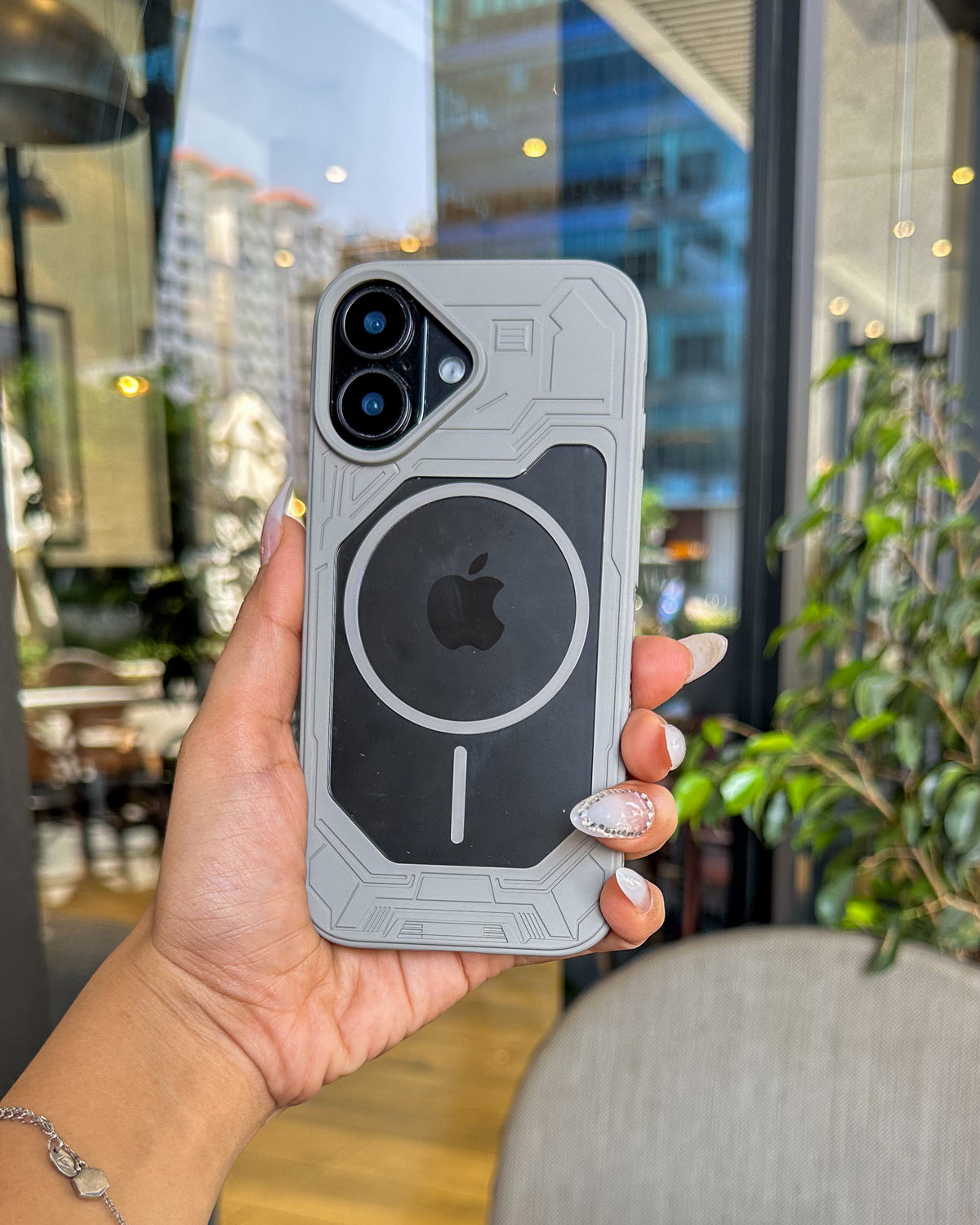 Armour Clear MagSafe iPhone case in grey – clear back, thick geometric armour bumper and large raised camera island – TOKFO