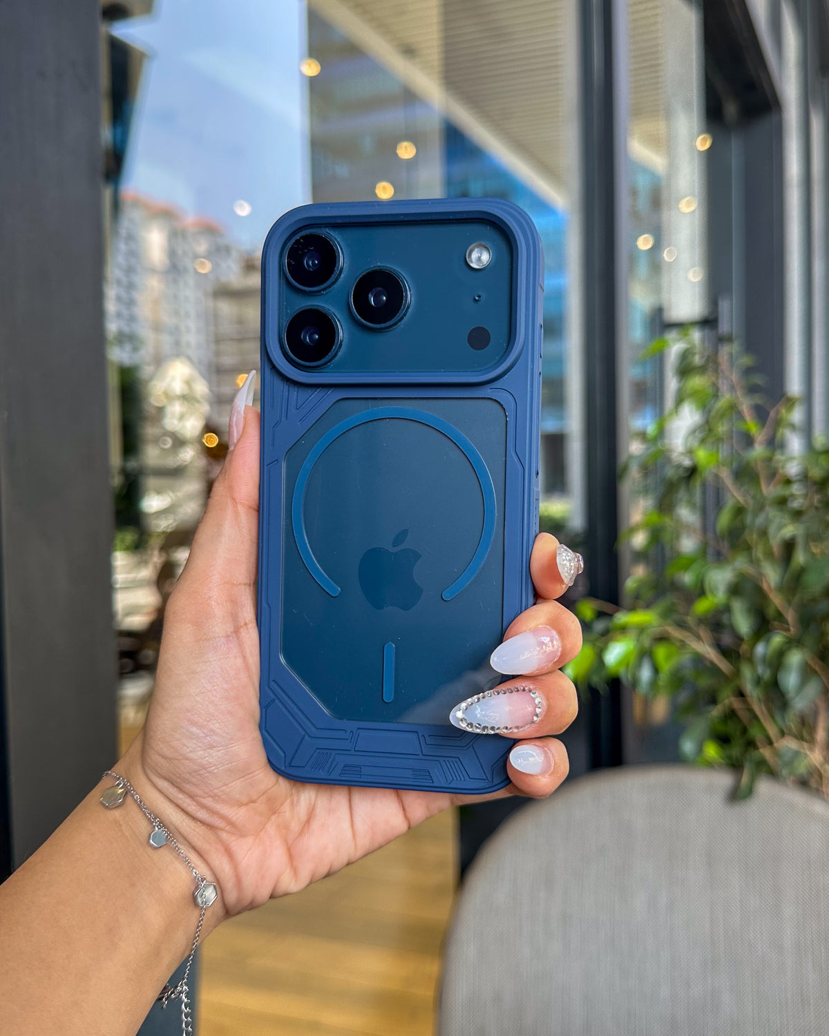 Armour Clear MagSafe iPhone case in navy blue – clear back, thick geometric armour bumper and large raised camera island – TOKFO