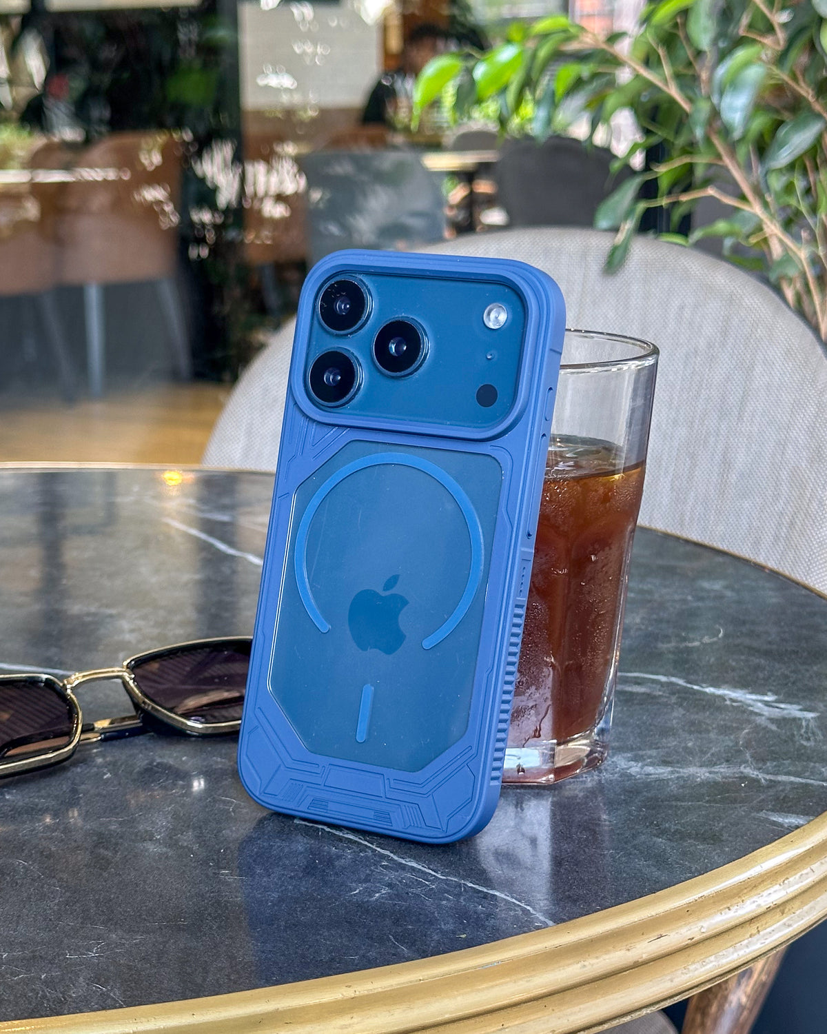 Armour Clear MagSafe iPhone case in navy blue – clear back, thick geometric armour bumper and large raised camera island – TOKFO