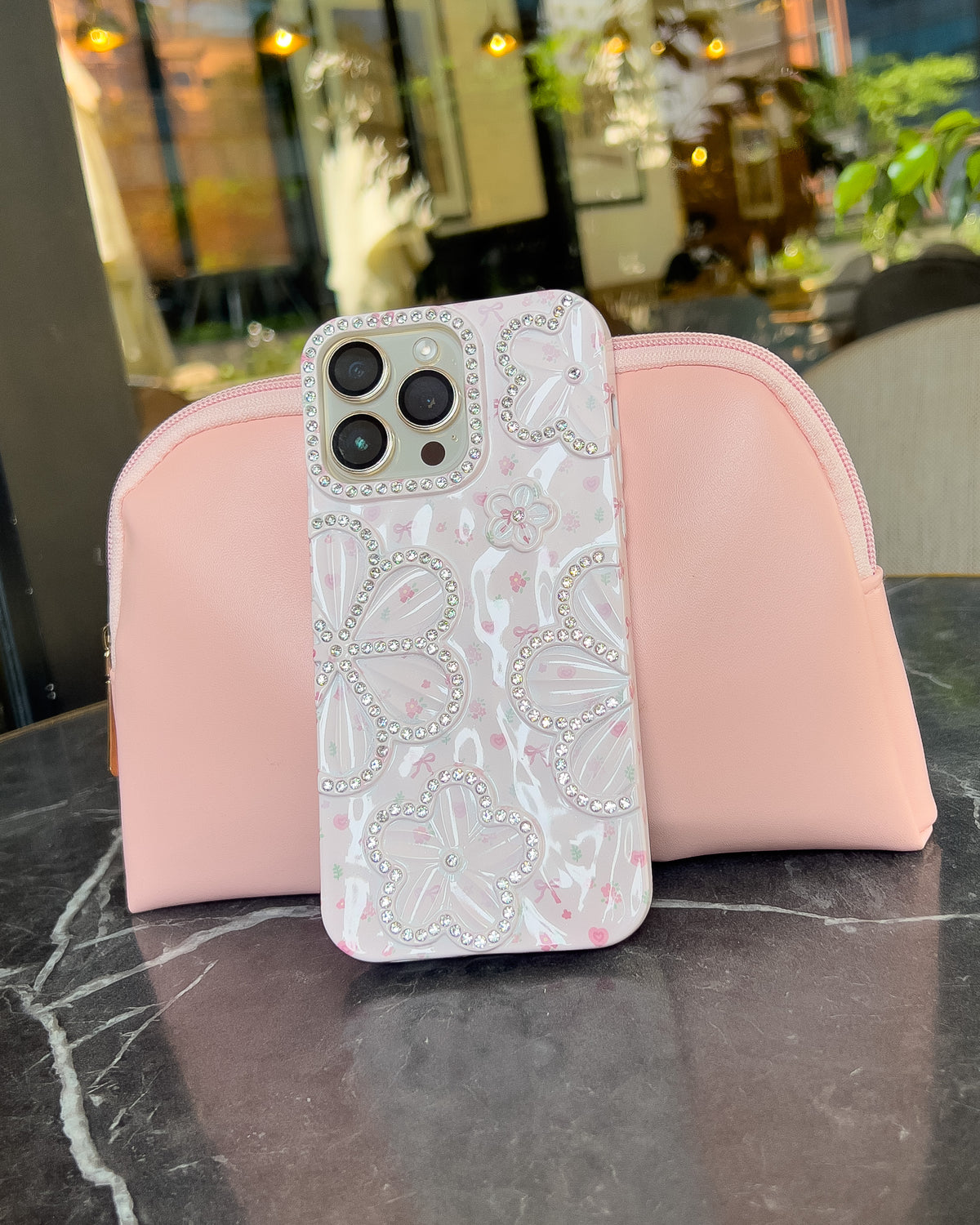 Blossom Crush pink pearlescent iPhone case with rhinestone flowers and pink bows – TOKFO