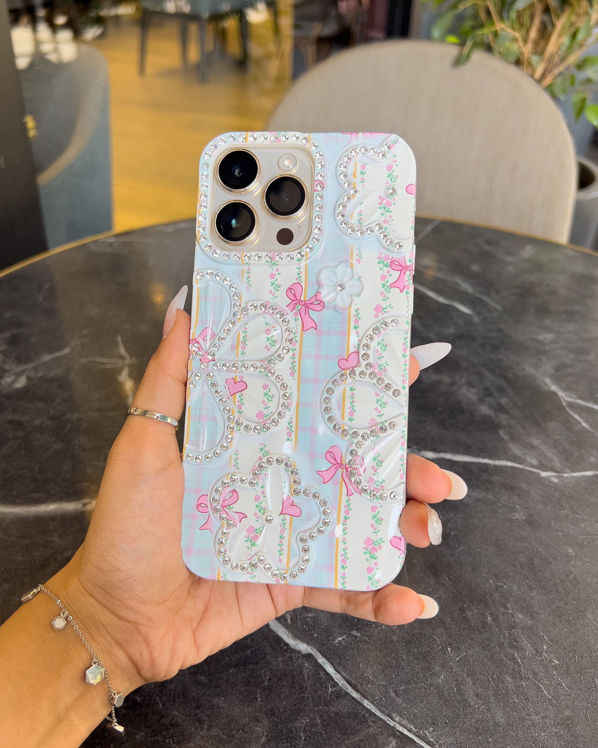 Blue Blossom blue and white plaid iPhone case with rhinestone flowers and pink bows – TOKFO