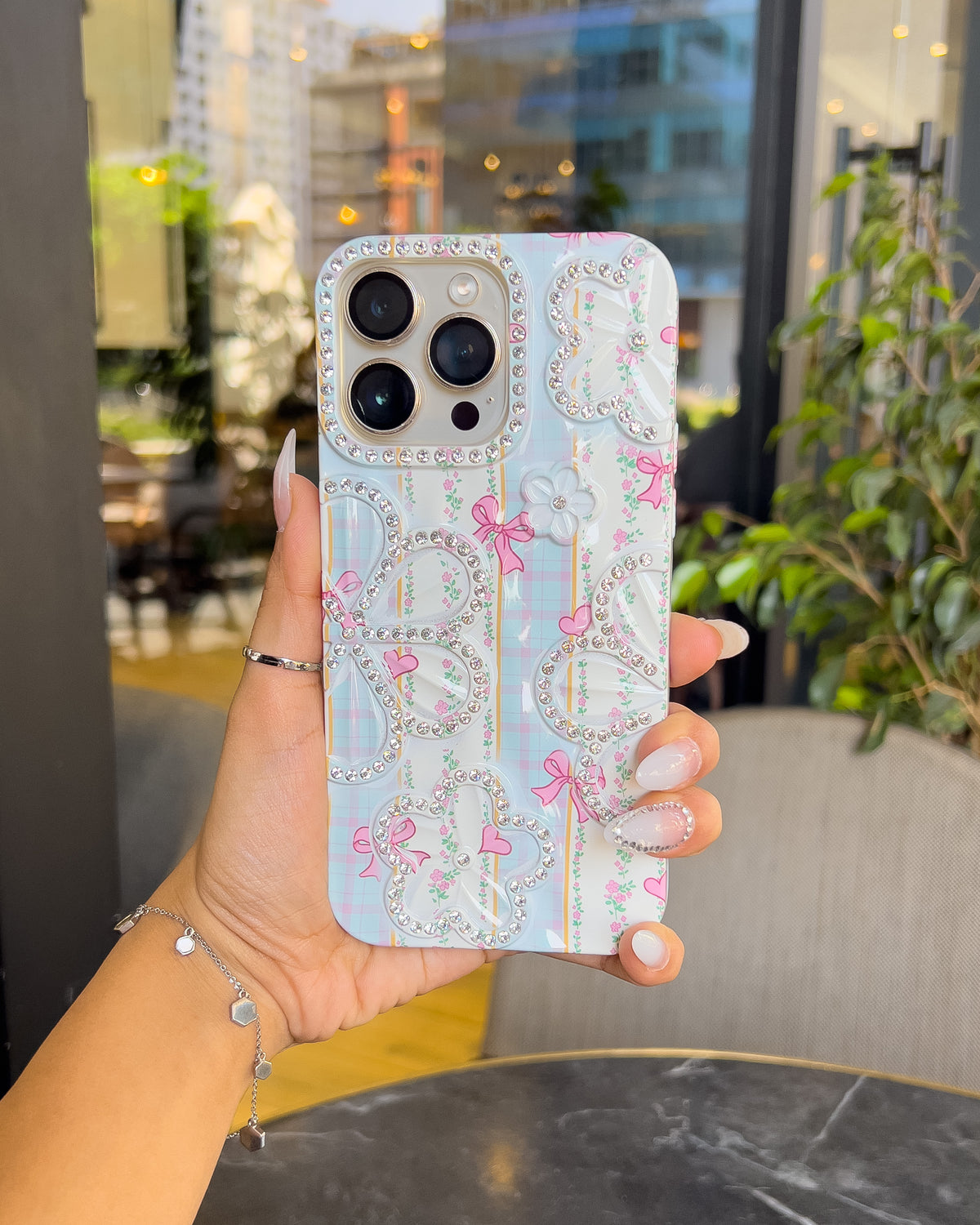 Blue Blossom blue and white plaid iPhone case with rhinestone flowers and pink bows – TOKFO