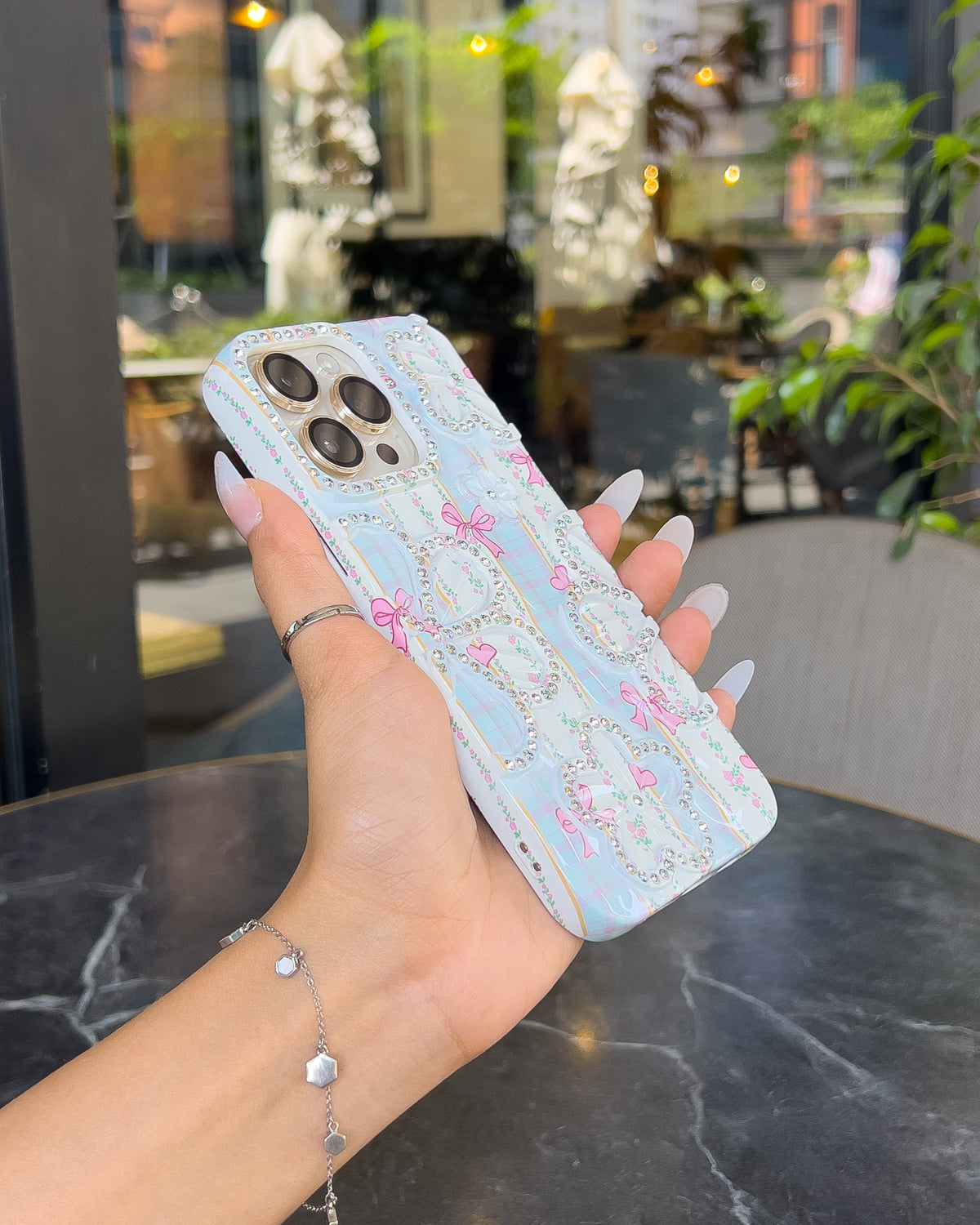Blue Blossom blue and white plaid iPhone case with rhinestone flowers and pink bows – TOKFO