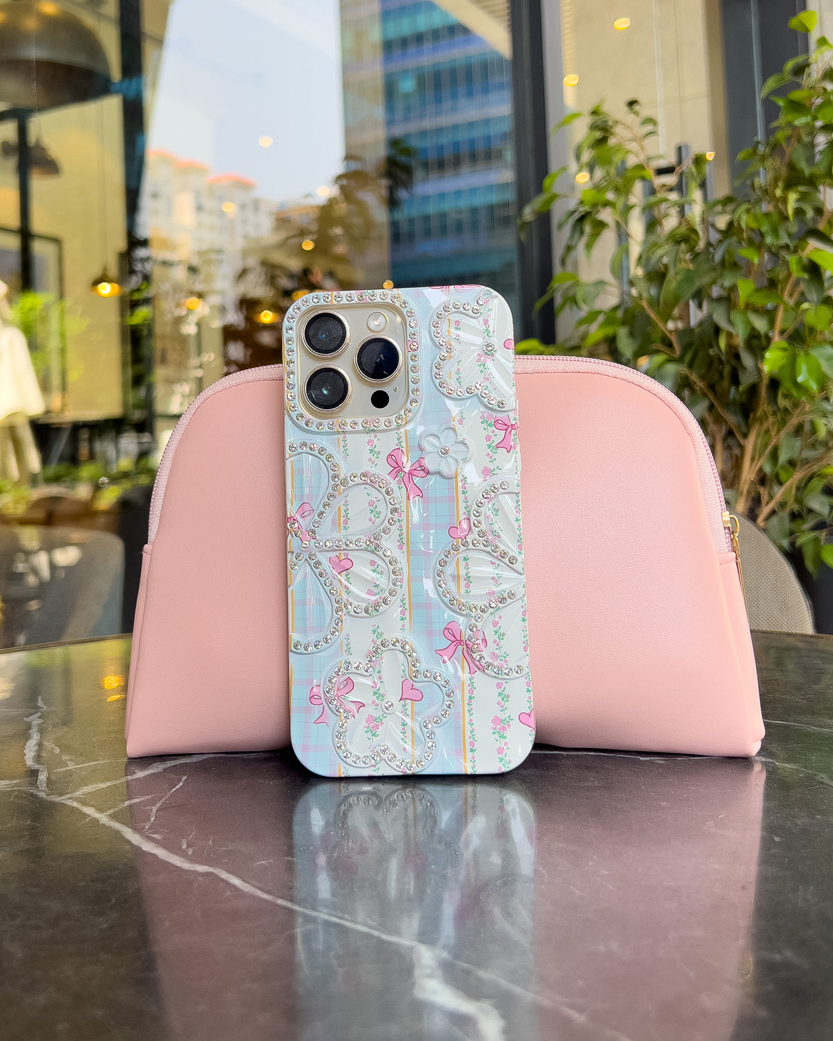 Blue Blossom blue and white plaid iPhone case with rhinestone flowers and pink bows – TOKFO