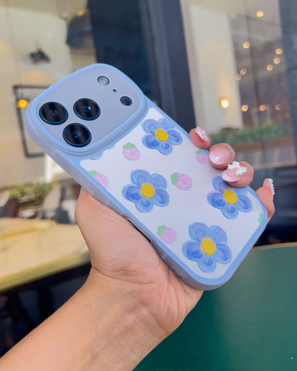 Blue Floral soft TPU iPhone phone case with blue painted flower print and raised blue camera ring – TOKFO