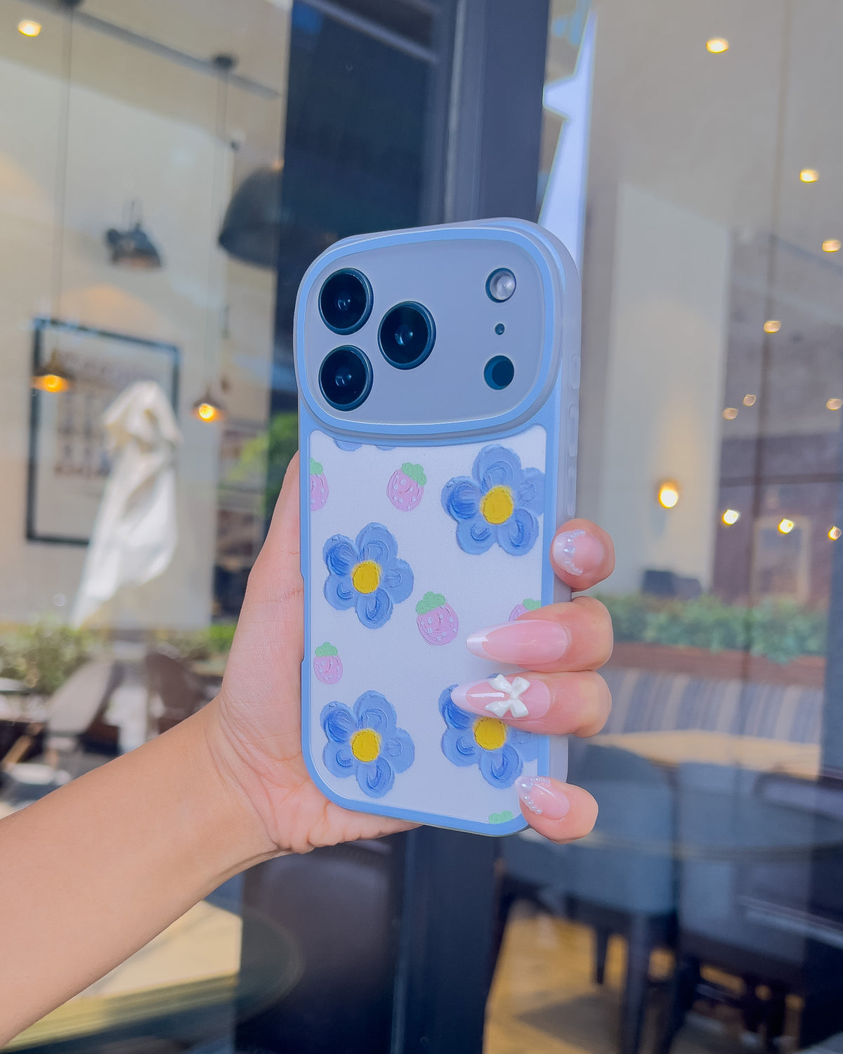 Blue Floral soft TPU iPhone phone case with blue painted flower print and raised blue camera ring – TOKFO