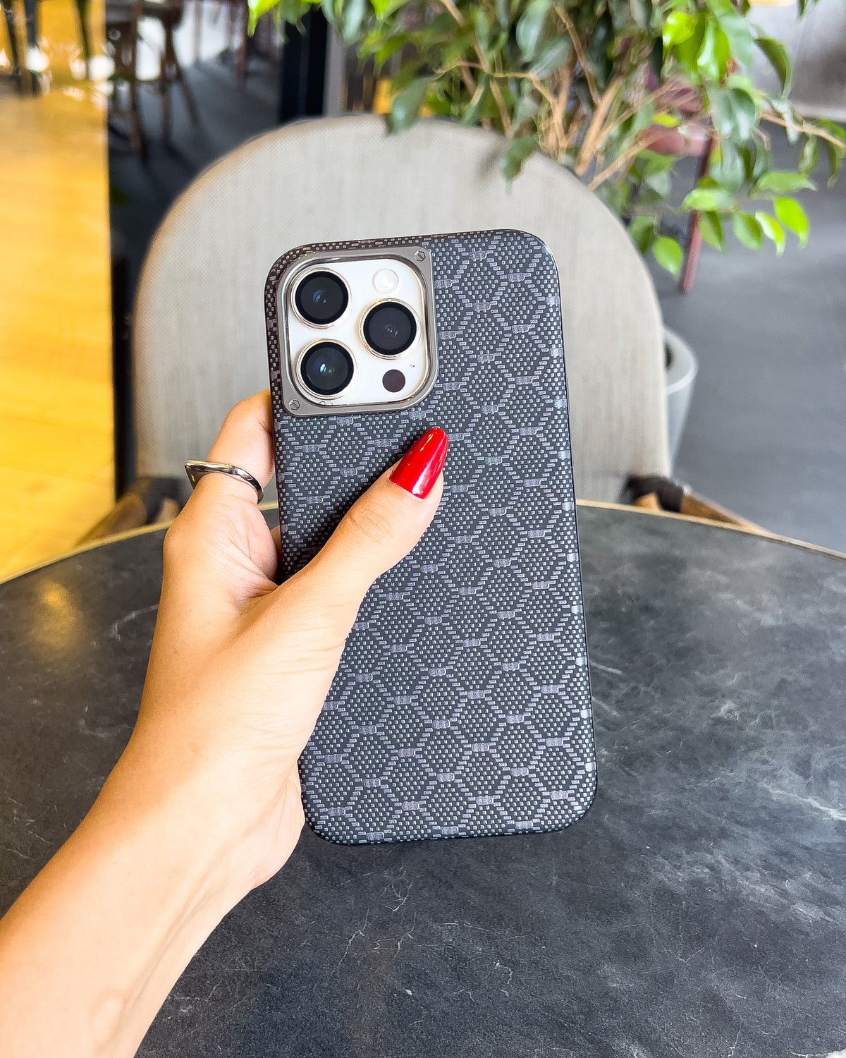 Diamond Grid dark brown iPhone case with embossed diamond grid and silver chrome camera island – TOKFO