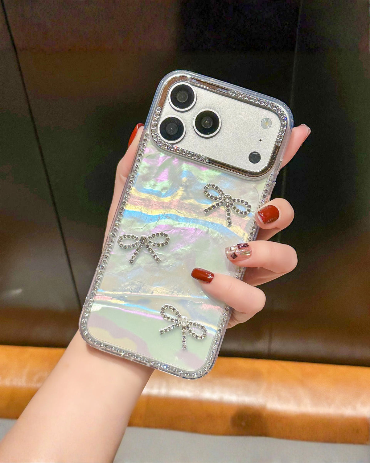 Disco Queen holographic aurora iPhone phone case with rhinestone border, rhinestone bows and pearl wrist chain – TOKFO