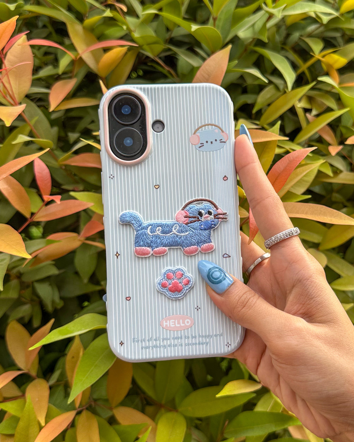 TOKFO Hello Cat phone case with embroidered cat, paw patch and vertical stripe textured back