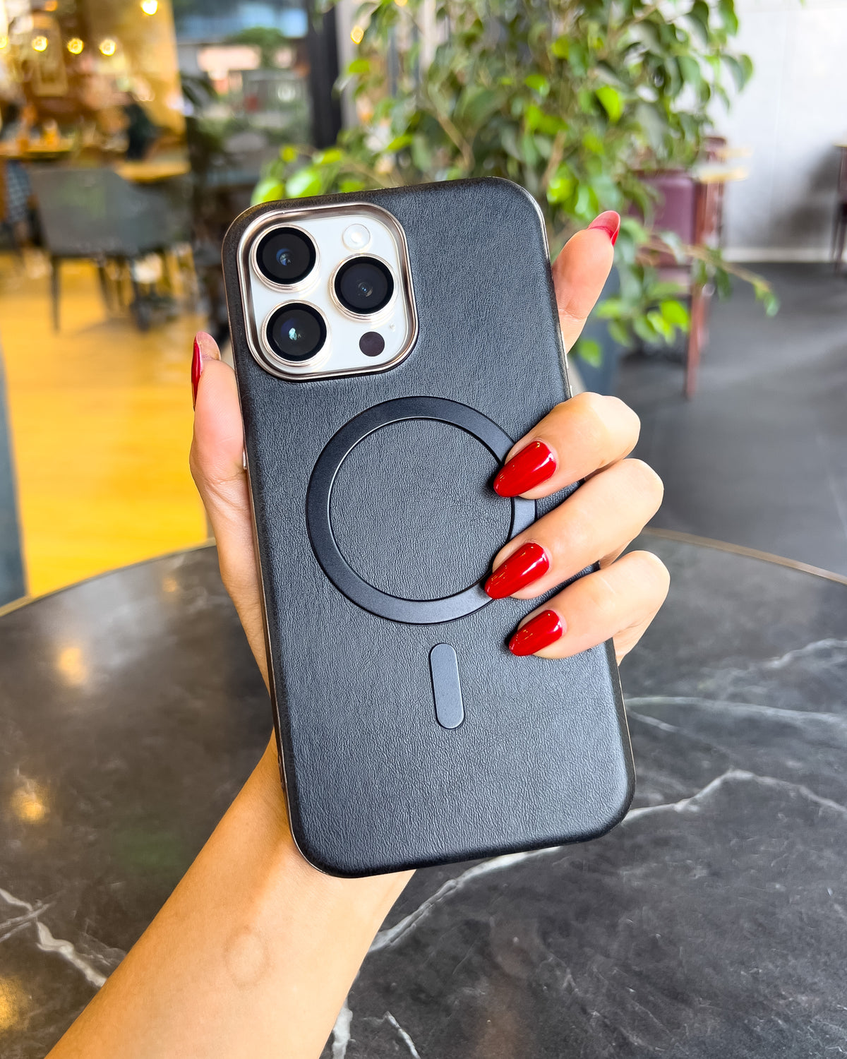 Luxe Black leatherette MagSafe iPhone case with matte back, chrome trim and chrome camera island – TOKFO