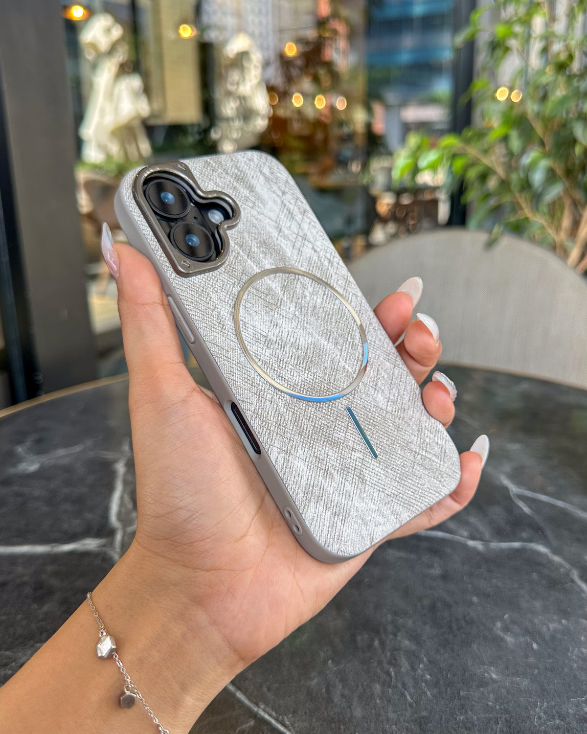Luxe Fabric grey fabric-textured MagSafe iPhone case with chrome trim – TOKFO