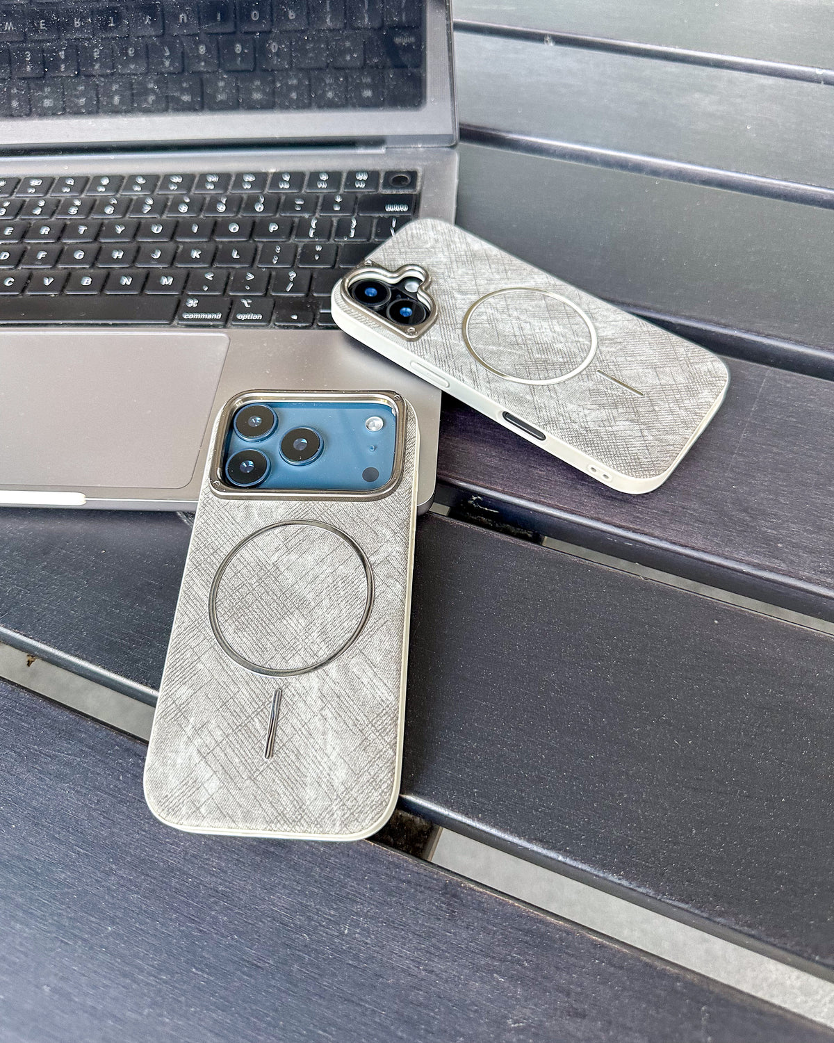 Luxe Fabric grey fabric-textured MagSafe iPhone case with chrome trim – TOKFO