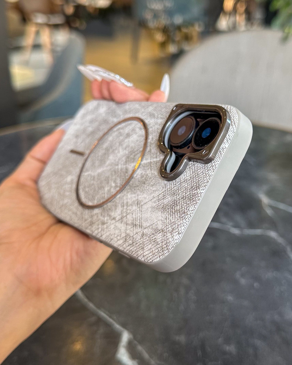 Luxe Fabric grey fabric-textured MagSafe iPhone case with chrome trim – TOKFO