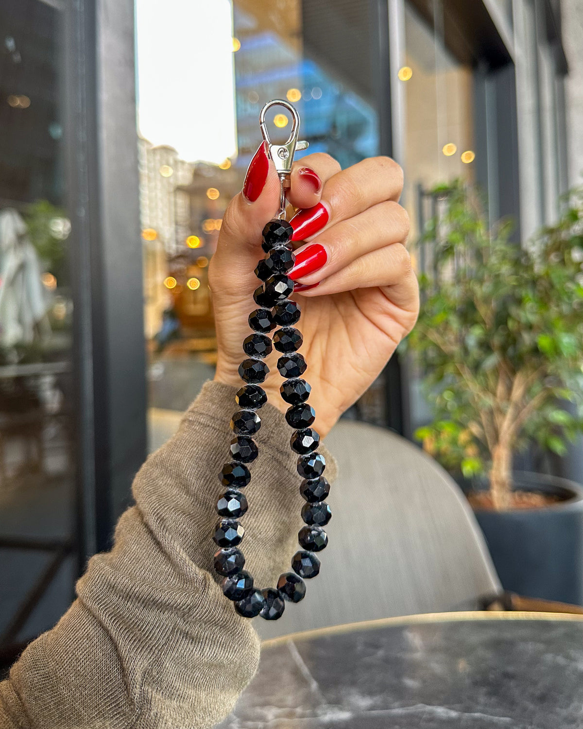 Onyx all-black beaded phone charm strap with glossy faceted crystal beads and silver carabiner clasp – TOKFO