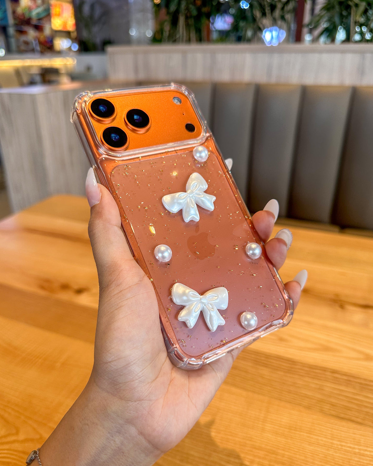Pearl Bow clear iPhone case with gold foil glitter, raised pearlescent bows and pearls – TOKFO
