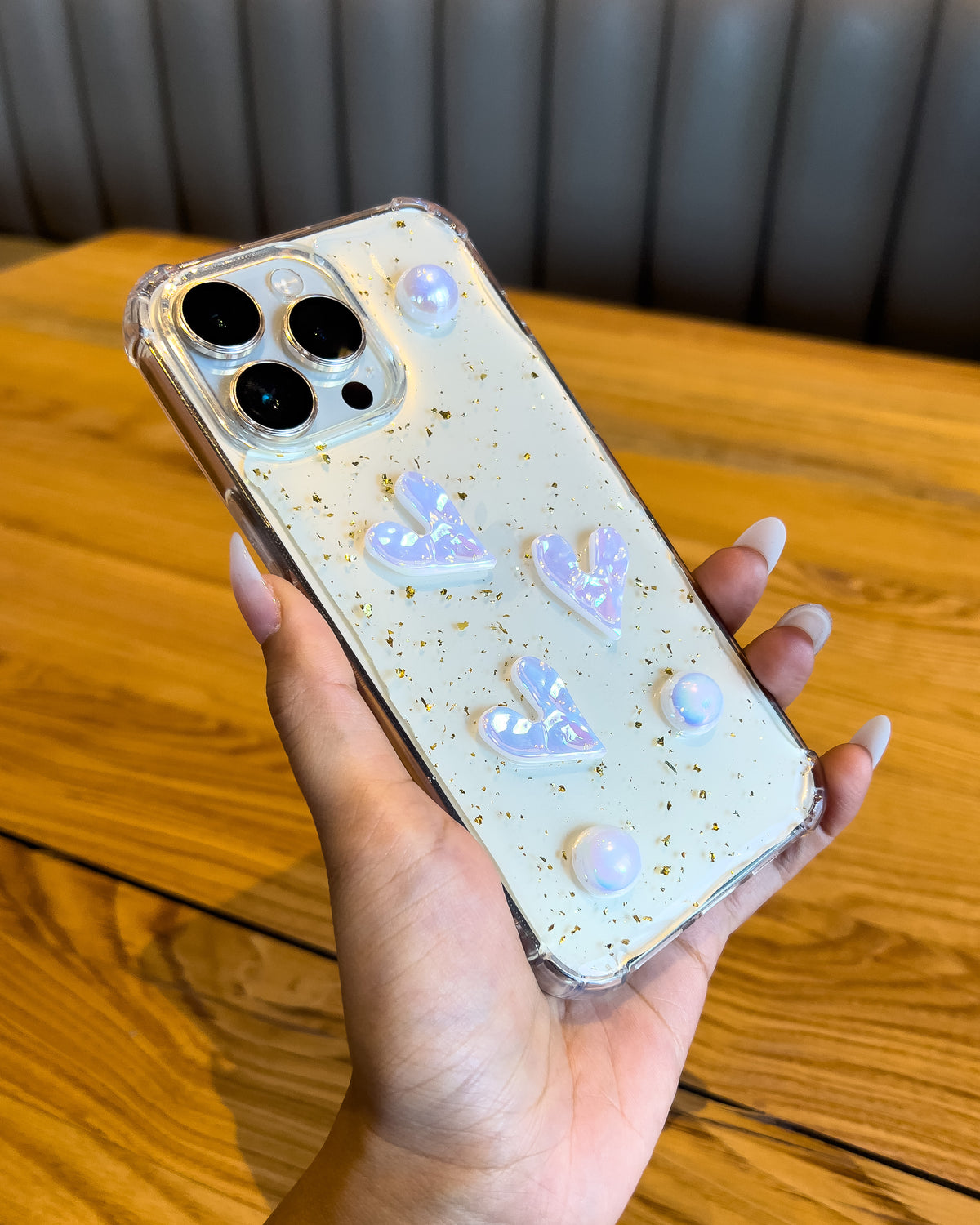Pearl Heart clear iPhone case with gold foil glitter, iridescent hearts and pearls – TOKFO