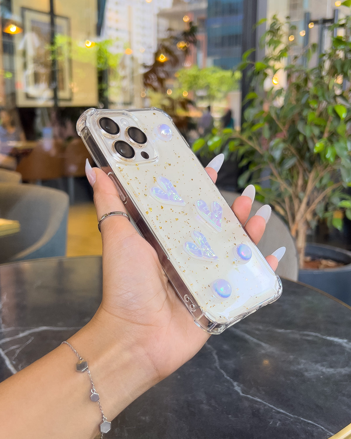 Pearl Heart clear iPhone case with gold foil glitter, iridescent hearts and pearls – TOKFO