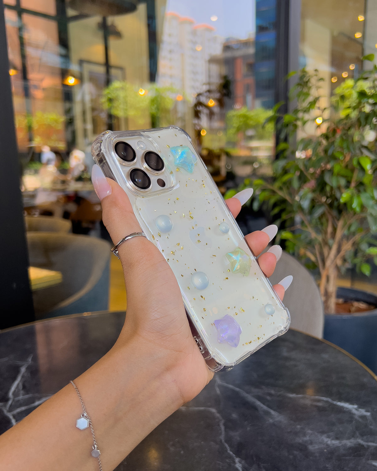 Pearl Star clear iPhone case with gold foil glitter, iridescent stars and pearls – TOKFO