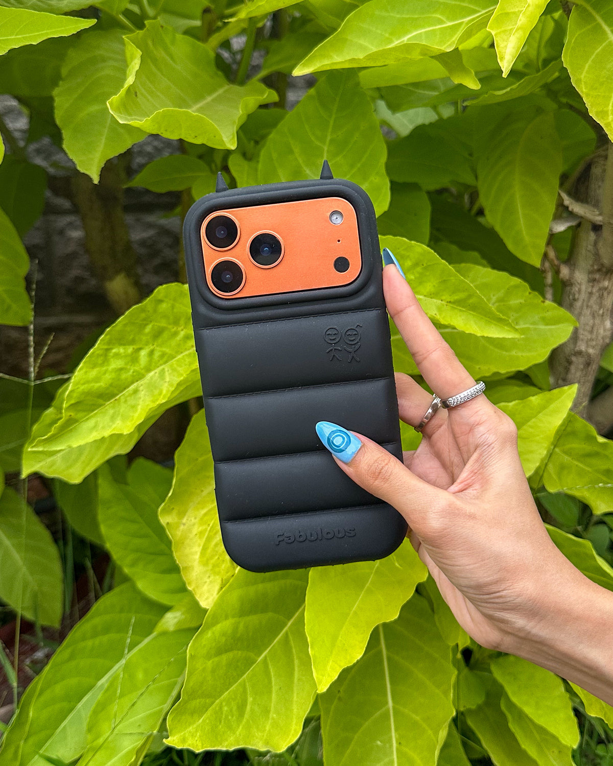 Black TOKFO Puffer Devil Horn puffy silicone phone case with devil horns and embossed couple detail
